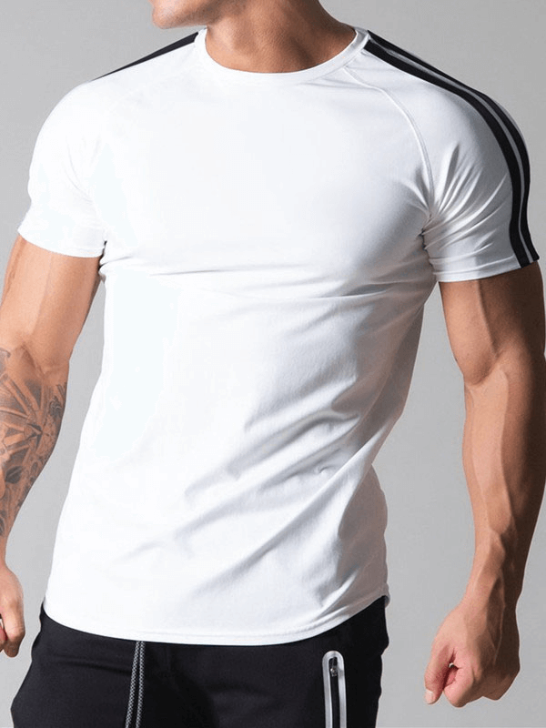 White running cotton t-shirt with striped sleeves for men, featuring an O-neck and short sleeves, perfect blend of style and comfort.